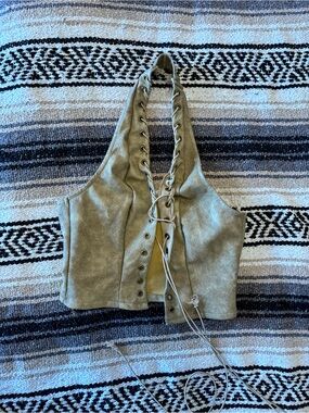 Olive Green Lace-Up Halter Crop Top